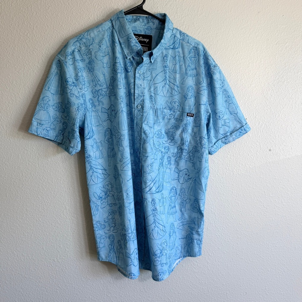 RSVLTS Disney Light Blue Character Line Art Short Sleeve Button Down Shirt L